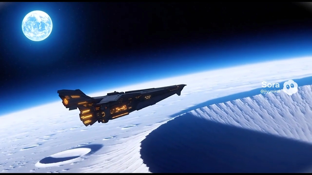 月面上空を航行するアークリリィと遠くに見える地球