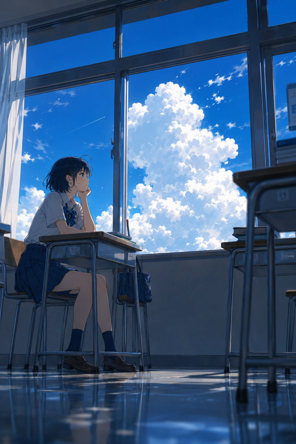 夏空を見つめながら教室の席に座る麻生アイ
